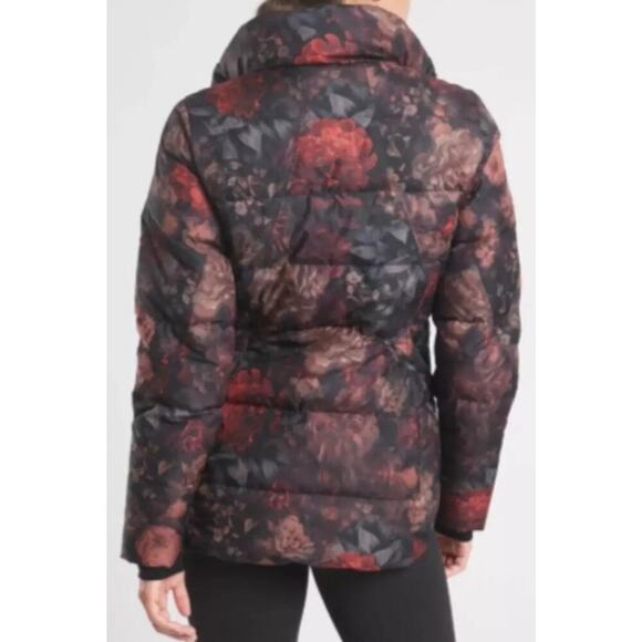 Athleta Downtown Puffer Jacket Black Floral Full Zip Down Fill Funnel Neck Sz M - Picture 4 of 16